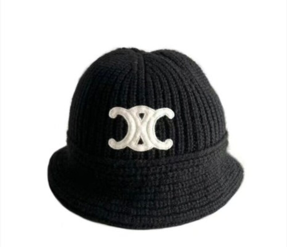 Celine Triomphe Ribbed Knit Bucket Beanie in Black